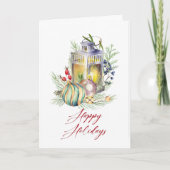 水の色のバウブルとランタンホリデーグリーティング シーズンカード (正面)