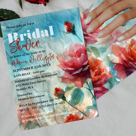 水の色のバラでくしゃくしゃになった紙ブライダルシャワー 招待状