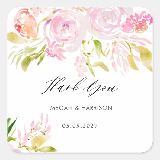 水の色のバラの花束ありがとう スクエアシール (正面)