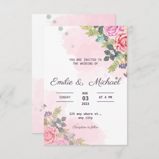 水の色のバラ結婚式招待状オン予算 エンクロージャーカード (正面/裏面)