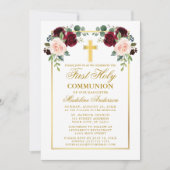 水の色のバラ金ゴールドバーガンディファースト聖餐式 招待状 (正面)