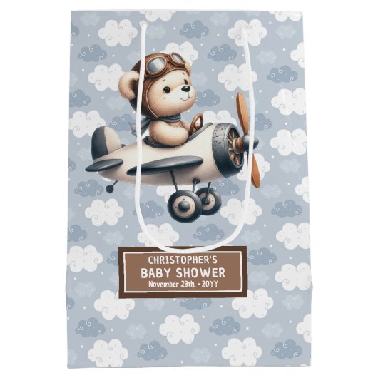 水の色のパイロットクマ男の子のためのベビーシャワーの好意 ミディアムペーパーバッグ (裏面)