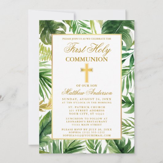 水の色のパーム葉の最初の聖餐式金ゴールド 招待状 (正面)