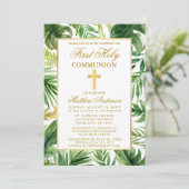 水の色のパーム葉の最初の聖餐式金ゴールド 招待状 (スタンド正面)