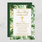 水の色のパーム葉の最初の聖餐式金ゴールド 招待状 (正面/裏面)