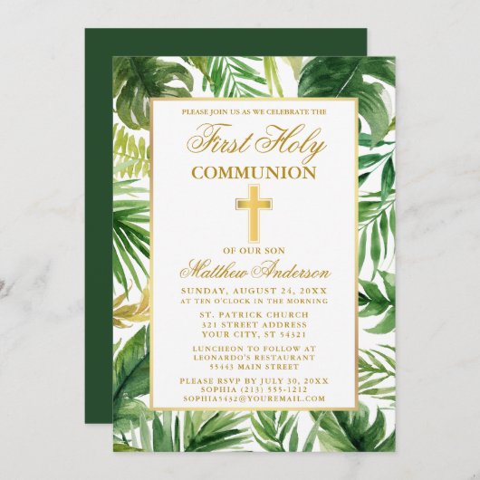 水の色のパーム葉の最初の聖餐式金ゴールド 招待状 (正面/裏面)
