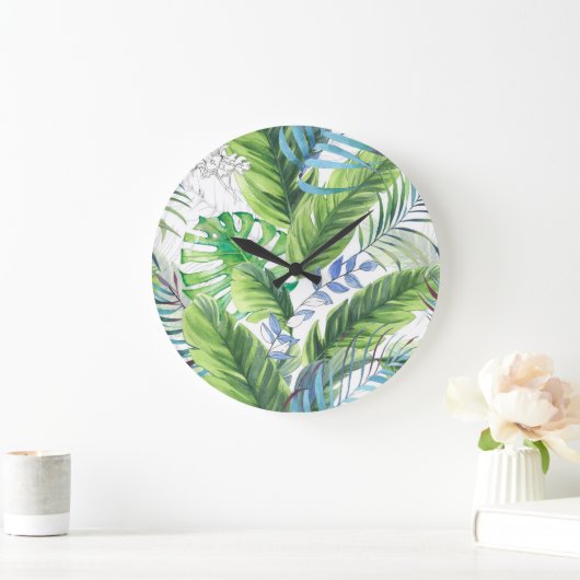 水の色のパーム葉の、エキゾチックなシームレスな背景 ラージ壁時計 (ホーム)