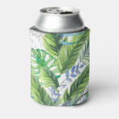 水の色のパーム葉の、エキゾチックなシームレスな背景 缶クーラー (缶裏面)