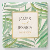 水の色のパーム葉結婚の日付ギフト ストーンコースター (正面)