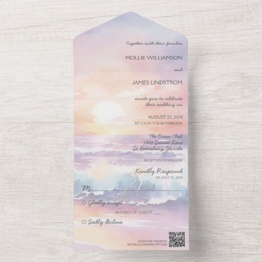 水の色のビーチサンセットオールインワンウェディング招待 オールインワン招待状 (内側)