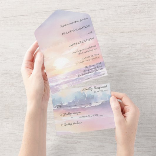 水の色のビーチサンセットオールインワンウェディング招待 オールインワン招待状 (貼ってはがせる)