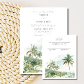 水の色のビーチ先の結婚式 出欠カード