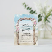 水の色のビーチ宛先ウェディング日付を保存 案内ポストカード (スタンド正面)