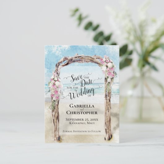 水の色のビーチ宛先ウェディング日付を保存 案内ポストカード (スタンド正面)