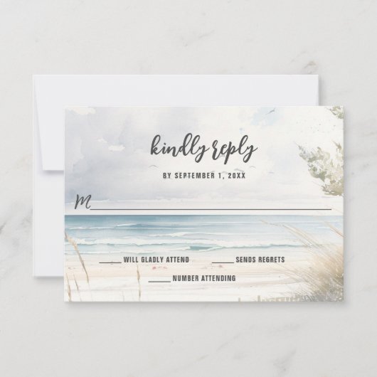 水の色のビーチ沿岸の目的地の結婚式 出欠カード (正面)
