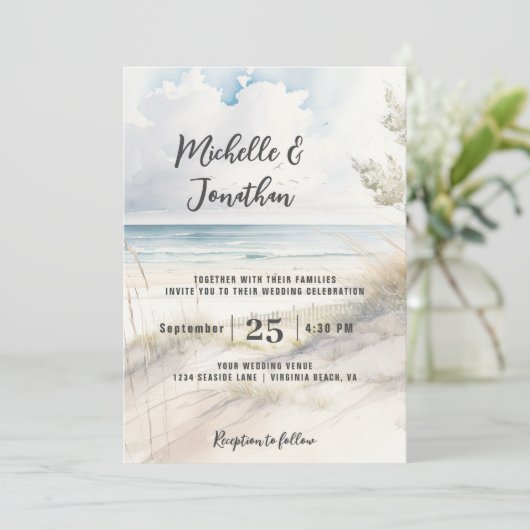 水の色のビーチ沿岸の目的地の結婚式 招待状 (スタンド正面)