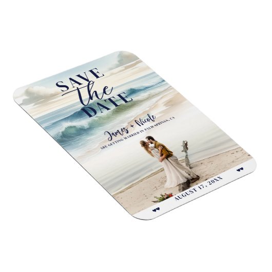 水の色のビーチ波の海岸日付写真を保存 マグネット (右側)