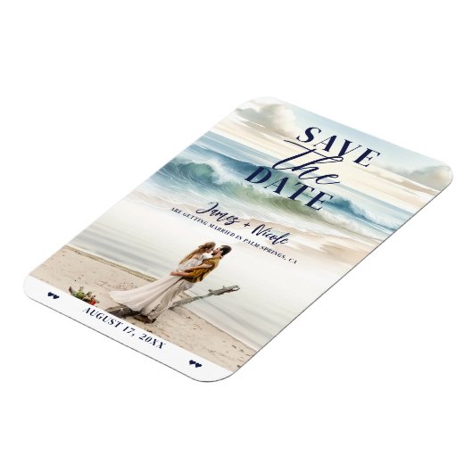 水の色のビーチ波の海岸日付写真を保存 マグネット (左側)