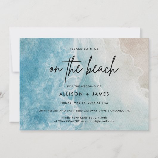 水の色のビーチ目的地の結婚式 招待状 (正面)