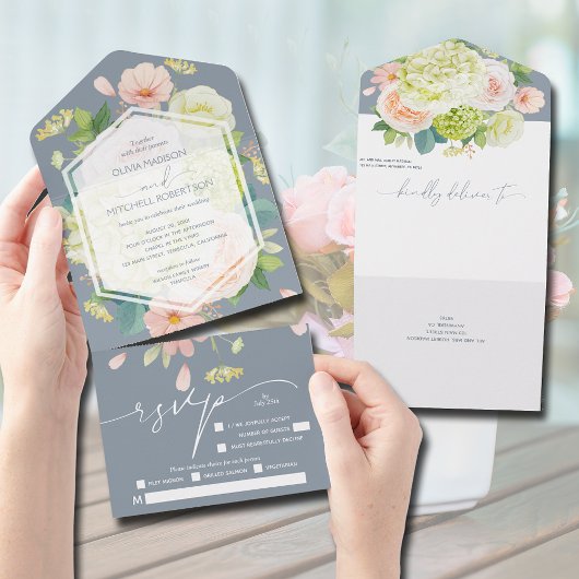 水の色のフローラのダスティブルー結婚ズ オールインワン招待状