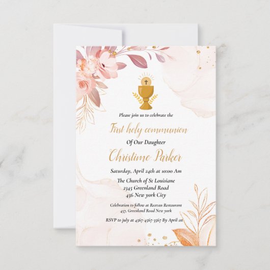 水の色のフローラスプラッシュ最初の神聖な聖餐会 招待状 (正面)