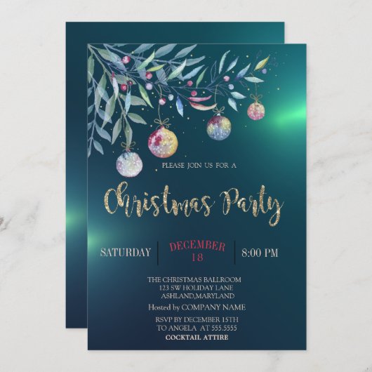 水の色のブランチ，ボール，グリーン会社のパーティー 招待状 (正面/裏面)