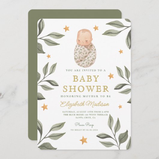 水の色のベビースターズグリーンリーベビーシャワー 招待状 (正面/裏面)