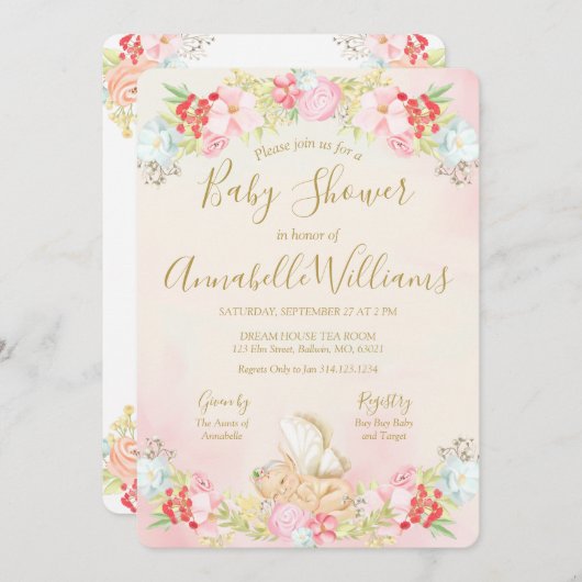 水の色のベビー妖精ベイビーシャワー 招待状 (正面/裏面)