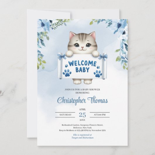 水の色のベビー子猫とサインは歓迎ベビー 招待状 (正面)