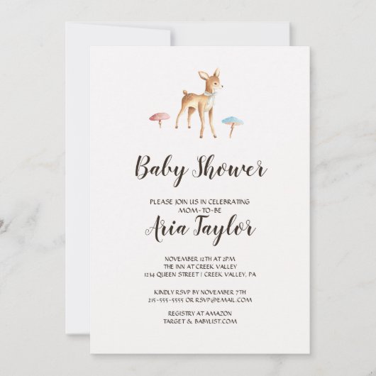 水の色のベビー鹿とキノコの赤ちゃんシャワー 招待状 (正面)