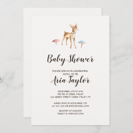 水の色のベビー鹿とキノコの赤ちゃんシャワー 招待状 (正面/裏面)
