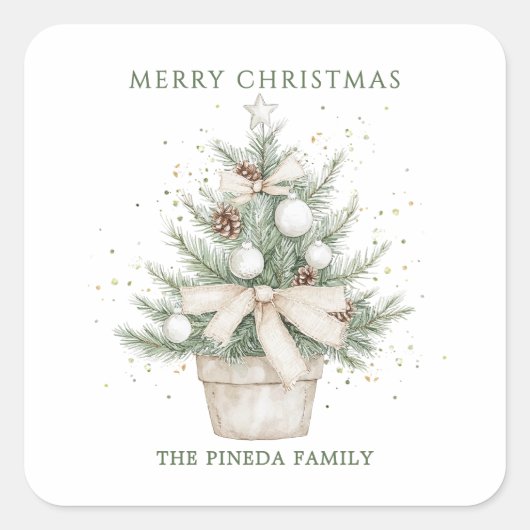 水の色のポッテ素朴ッドクリスマスツリー スクエアシール (正面)