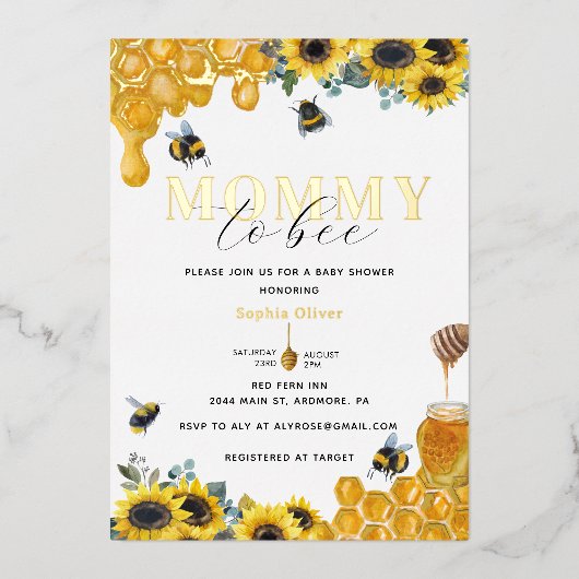 水の色のママへビー赤ちゃんシャワー金ゴールド 箔招待状 (正面)