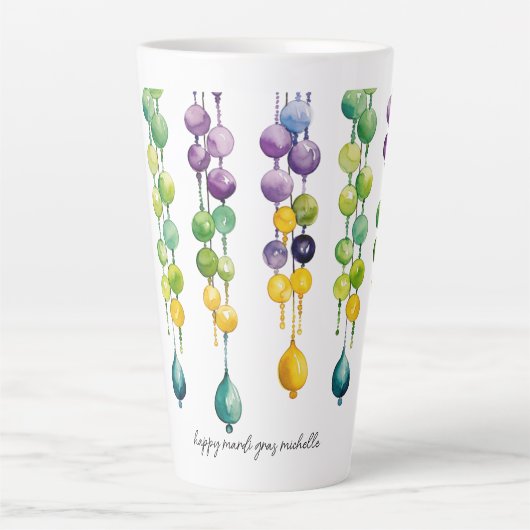 水の色のマルディグラビーズの文字列 カフェラテマグ (正面)