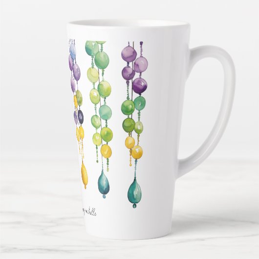 水の色のマルディグラビーズの文字列 カフェラテマグ (右)