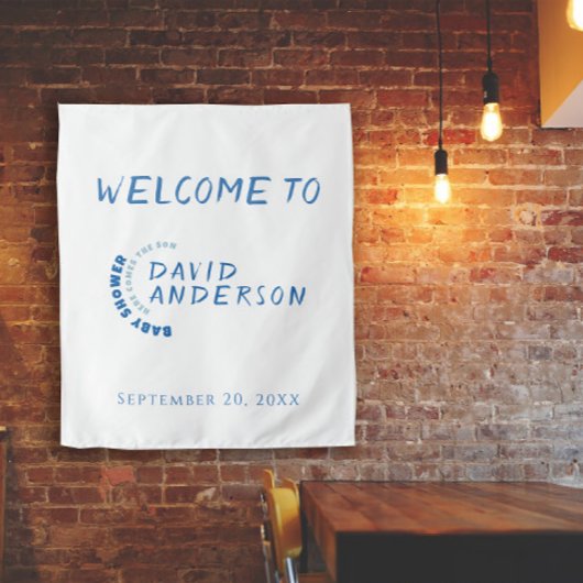 水の色のミニマルな赤ちゃんシャワー男の子の写真 タペストリー