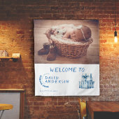 水の色のミニマルな赤ちゃんシャワー男の子の写真 タペストリー