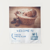 水の色のミニマルな赤ちゃんシャワー男の子の写真 タペストリー (正面)