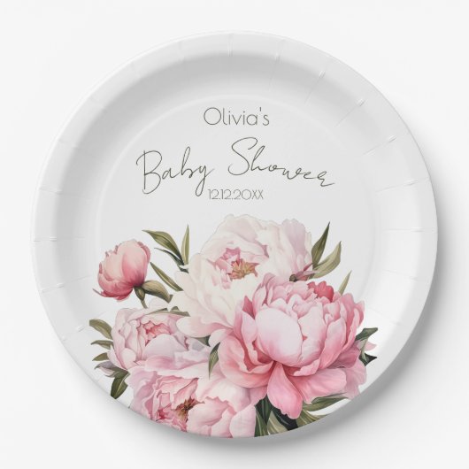 水の色のミニマルエレガント主義の牡丹の赤ちゃんシャワー ペーパープレート (正面)