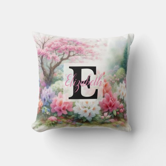 水の色のモノグラム名パステルの花Th クッション (正面)