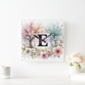 水の色のモノグラム名パステルの花Th スクエア壁時計 (ホーム)