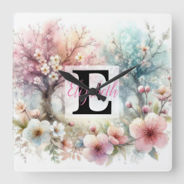 水の色のモノグラム名パステルの花Th スクエア壁時計