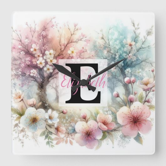 水の色のモノグラム名パステルの花Th スクエア壁時計 (正面)