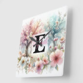 水の色のモノグラム名パステルの花Th スクエア壁時計 (傾斜)