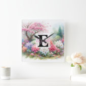 水の色のモノグラム名パステルの花Th スクエア壁時計 (ホーム)