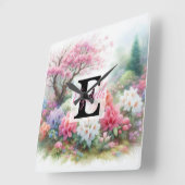 水の色のモノグラム名パステルの花Th スクエア壁時計 (傾斜)