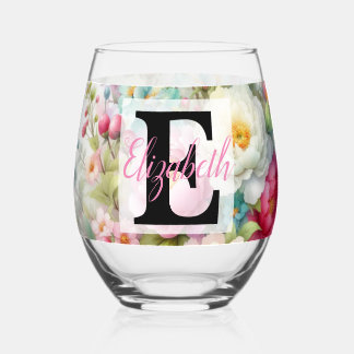 水の色のモノグラム名パステルの花Th ステムなしワイングラス