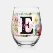 水の色のモノグラム名パステルの花Th ステムなしワイングラス (裏面)