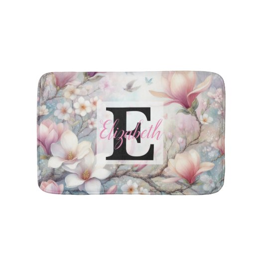 水の色のモノグラム名パステルの花Th バスマット (正面)