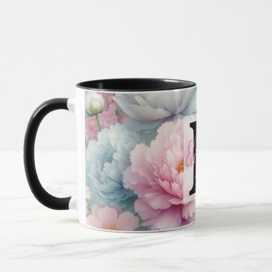水の色のモノグラム名パステルの花Th マグカップ (左)
